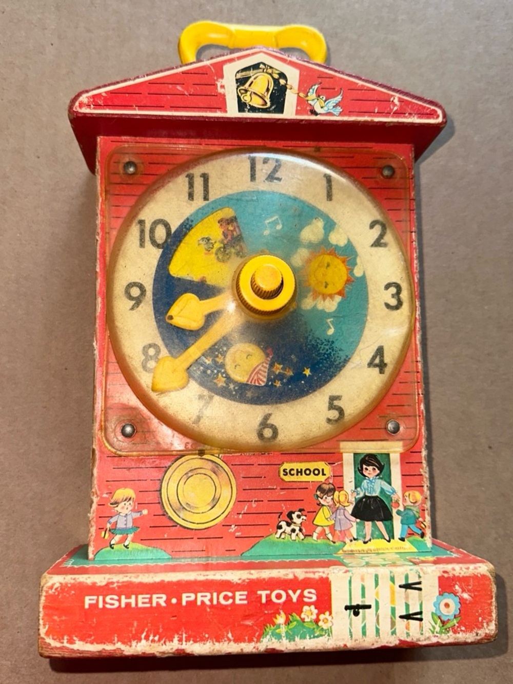 Fisher-Price Red and Yellow Schoolhouse Clock Toy 1962-68